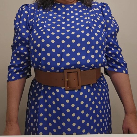 Vintage Cobalt & Creme Polka-dot Maxi Dress 3/4 Sleeve by Jane Schaffhausen Sz14 - Picture 4 of 7